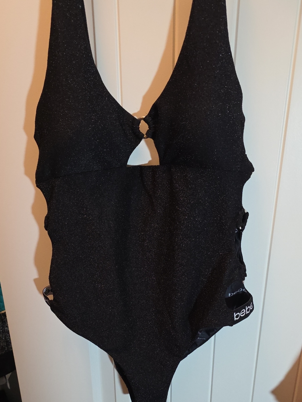 bebe Black Sparkle Cutout One-Piece Swimsuit